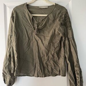 Abercrombie & Fitch Olive Green Embroidered Tie-Neck Tunic